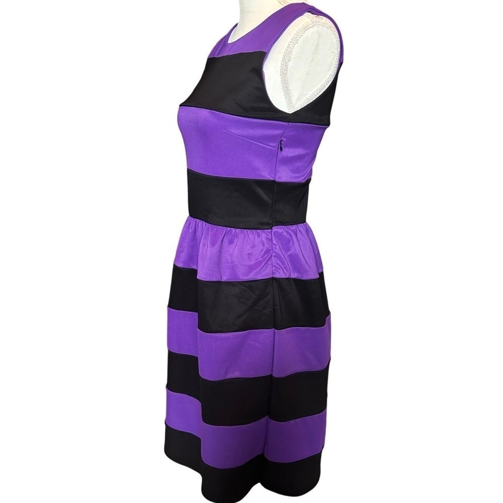 Purple Black Striped Fit & Flare Midi Dress Women's Medium Sleeveless Retro - Picture 7 of 8